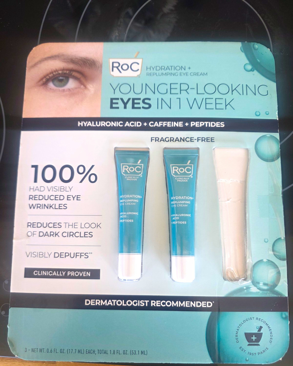 RoC Hydration+ Replumping Eye Cream 0.6 oz x2 Hyaluronic Acid Caffeine Peptides